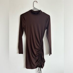 Brown bodycon side ruche/ low turtleneck mini dress
